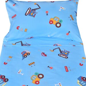 J-pinno Cars Vehicles Digger 100% Cotton 3 Pieces Cartoon Toddler Sheet Set for Kids Boys, Flat Sheet Fitted Sheet and Pillowcase, Cozy Breathable Unisex Nursery Crib Bedding Set (Blue Excavator)