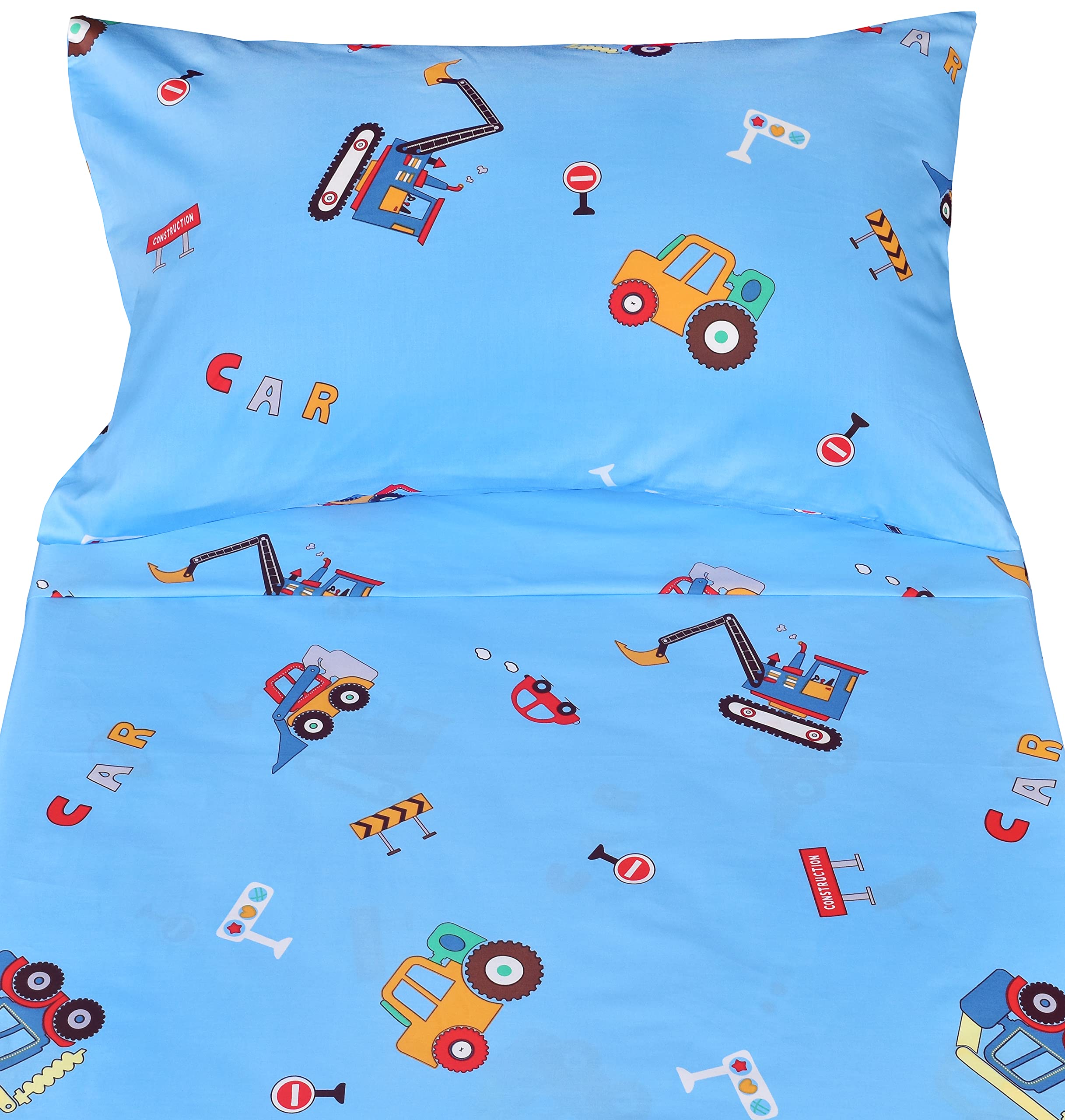 J-pinno Cars Vehicles Digger 100% Cotton 3 Pieces Cartoon Toddler Sheet Set for Kids Boys, Flat Sheet Fitted Sheet and Pillowcase, Cozy Breathable Unisex Nursery Crib Bedding Set (Blue Excavator)