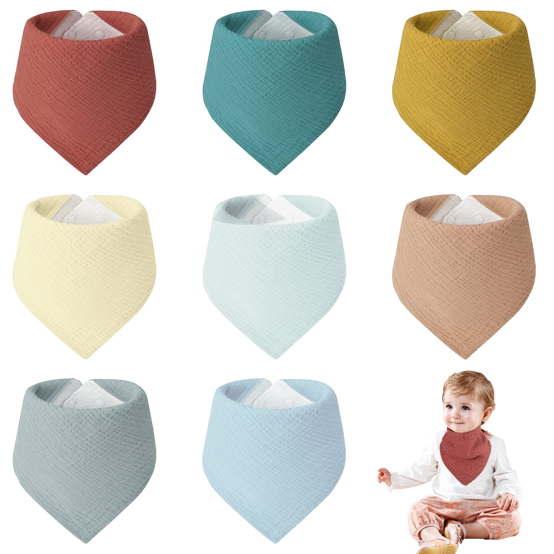 Nicous 8 Pack Muslin Baby Bibs for Girls and Boys, 100% Cotton Square Baby Bandana Bibs, Drool Bibs Set for Teething and Drooling