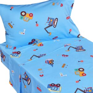 J-pinno Cars Vehicles Digger 100% Cotton 3 Pieces Cartoon Toddler Sheet Set for Kids Boys, Flat Sheet Fitted Sheet and Pillowcase, Cozy Breathable Unisex Nursery Crib Bedding Set (Blue Excavator)