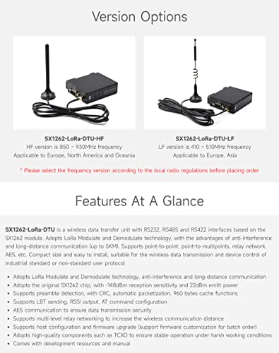Waveshare Rail-Mount SX1262 LoRa Data Transfer Unit, RS232/RS485/RS422 to LoRa, Suitable for Sub-GHz Band HF Version
