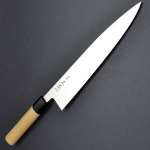 MASAMOTO KS Japanese Gyuto Chef's Knife with Sheath 9.5" (240mm) Made in JAPAN, Professional Kitchen Chef Knife, Ultra Sharp Japanese Carbon Steel Blade, Wood Wa Handle, Black Ferrule