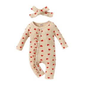 boutikome infant baby girl valentines day outfit love heart print footie romper ruffle one piece onesie newborn headband(beige-10,12-18m)