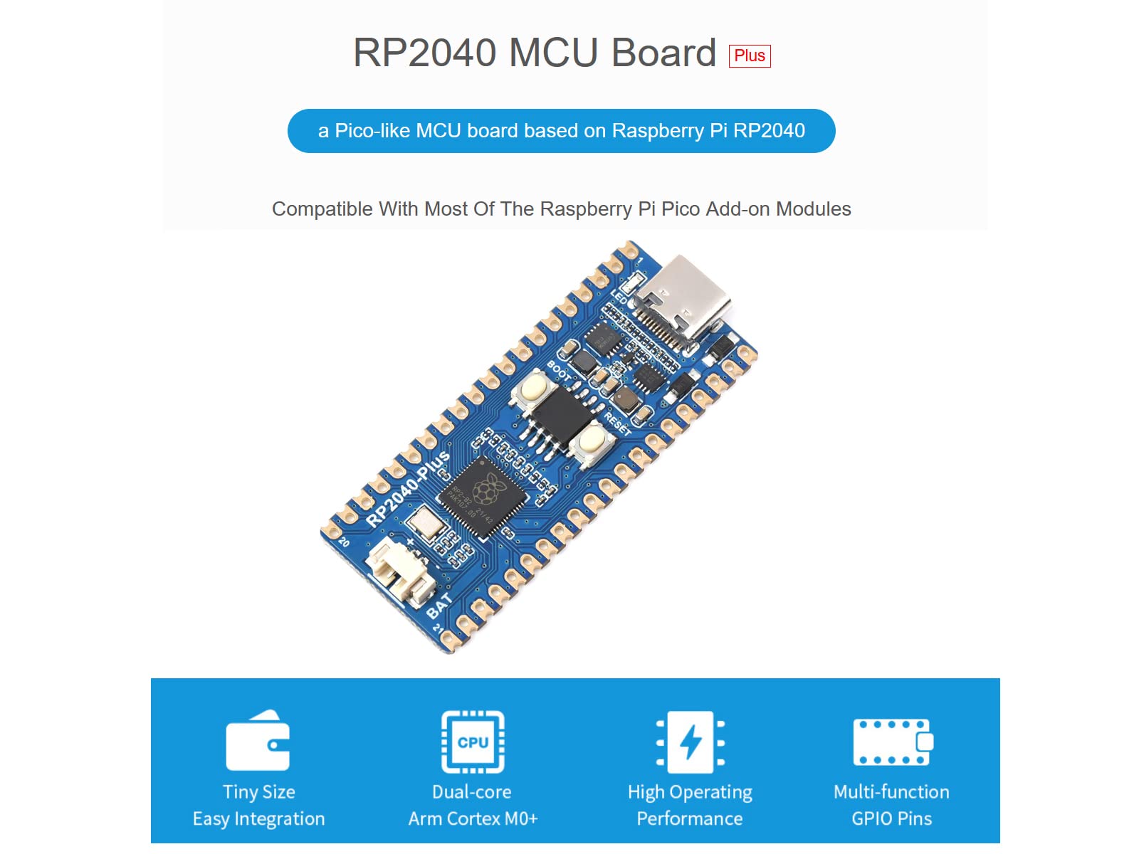 RP2040-Plus Pico-Like MCU Board Based on Raspberry Pi RP2040 Microcontroller, Dual-core Arm Processor, Onboard 16MB Flash, USB-C Connector (Without Header)