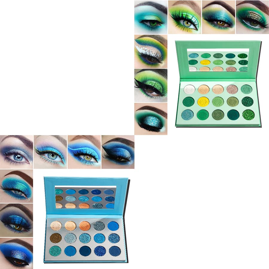 Afflano Blue Green Eyeshadow Palette Eyes Makeup Set 2 Pcs, Avocado Green Eye Shadow Blue Makeup Palettes Eyeshadow, Long Lasting Matte Glitter Forest Yellow Green Eye Makeup for Christmas Women Girl