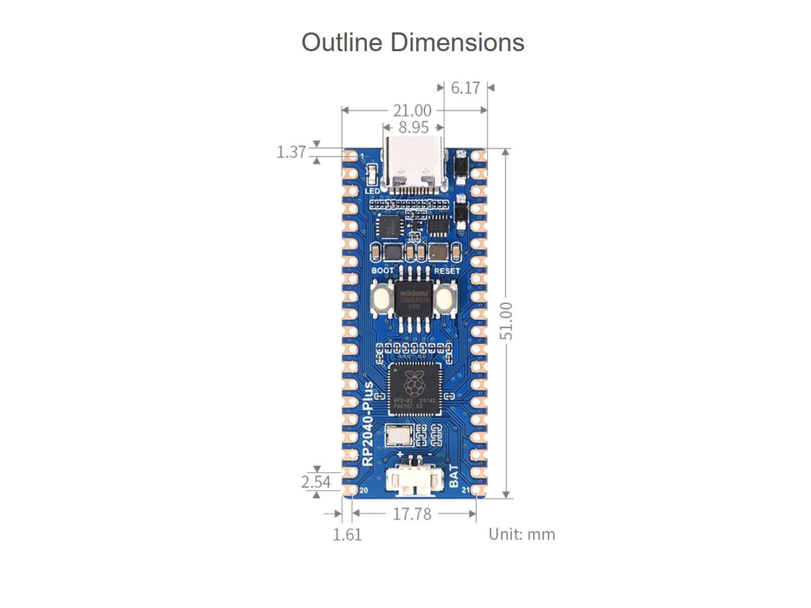 RP2040-Plus Pico-Like MCU Board Based on Raspberry Pi RP2040 Microcontroller, Dual-core Arm Processor, Onboard 16MB Flash, USB-C Connector (Without Header)