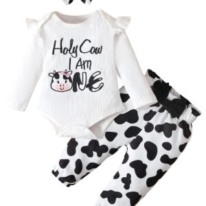 PadaGooder Baby Girl First Birthday Outfit Girl Cow Birthday Outfit Baby Holy Cow I'm One Bodysuit (White,12-18 Months)