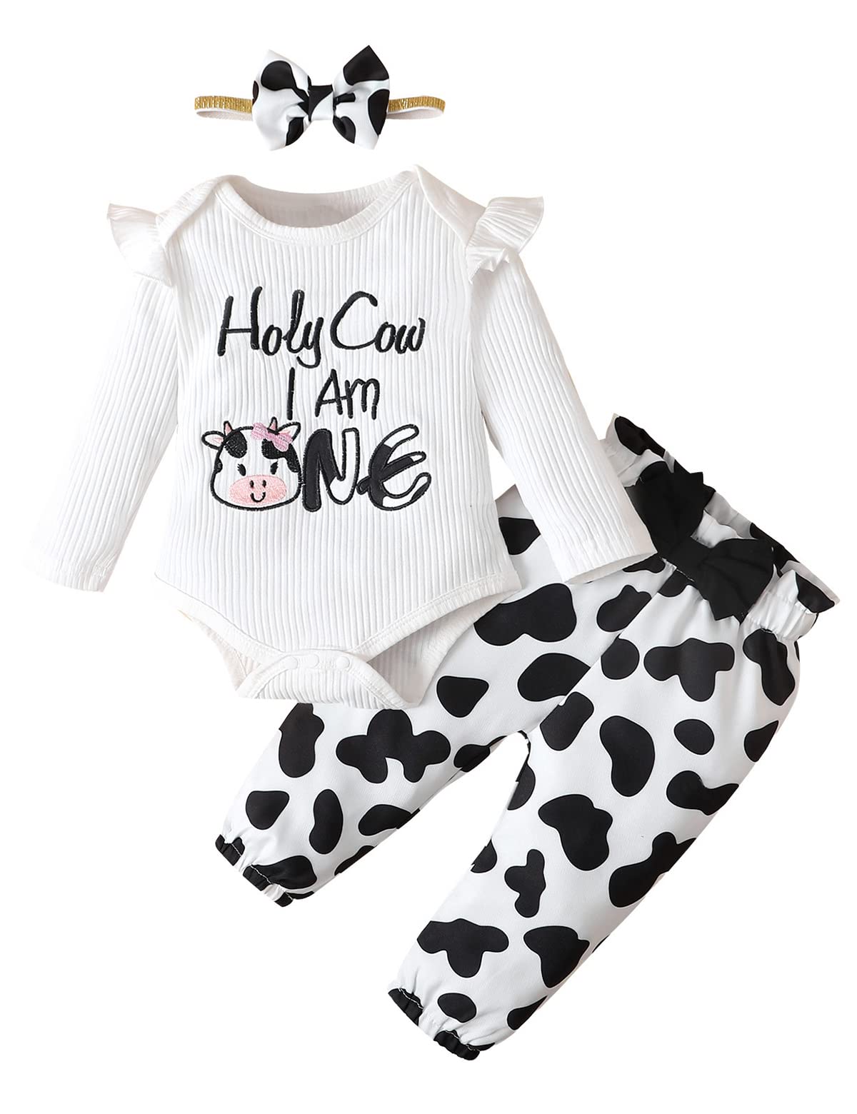 PadaGooder Baby Girl First Birthday Outfit Girl Cow Birthday Outfit Baby Holy Cow I'm One Bodysuit (White,12-18 Months)