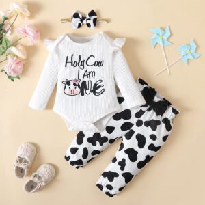 PadaGooder Baby Girl First Birthday Outfit Girl Cow Birthday Outfit Baby Holy Cow I'm One Bodysuit (White,12-18 Months)