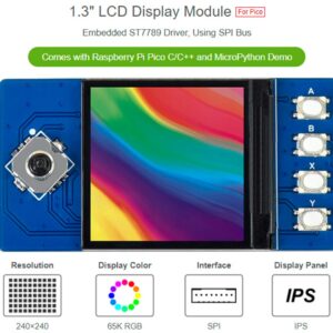 waveshare 1.3inch LCD Display Module for Raspberry Pi Pico, 240×240 Resolution IPS Screen Display 65K RGB Display Color, SPI Interface with 1x Joystick and 4X User Buttons for Easy Interacting