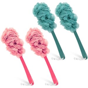 back scrubber for shower, qewro loofah on a stick as shower brush exfoliating body with long handle, loofah sponge mens loofah bathing accessories for women (2pack blue) (4pack blue and pink)