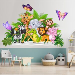 Colorful Animal Wall Sticker Green Leaf Butterfly Cartoon Animal Sticker African Jungle Elephant Giraffe Monkey Lion Lifelike 3D Picture Children's Bedroom Wallpaper Decoration Nursery Classroom Living Room (Green1)