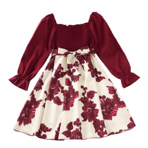 kids toddler child girls long ruffled sleeve patchwork floral print princess dress outfits belle (red, 10-12 years)