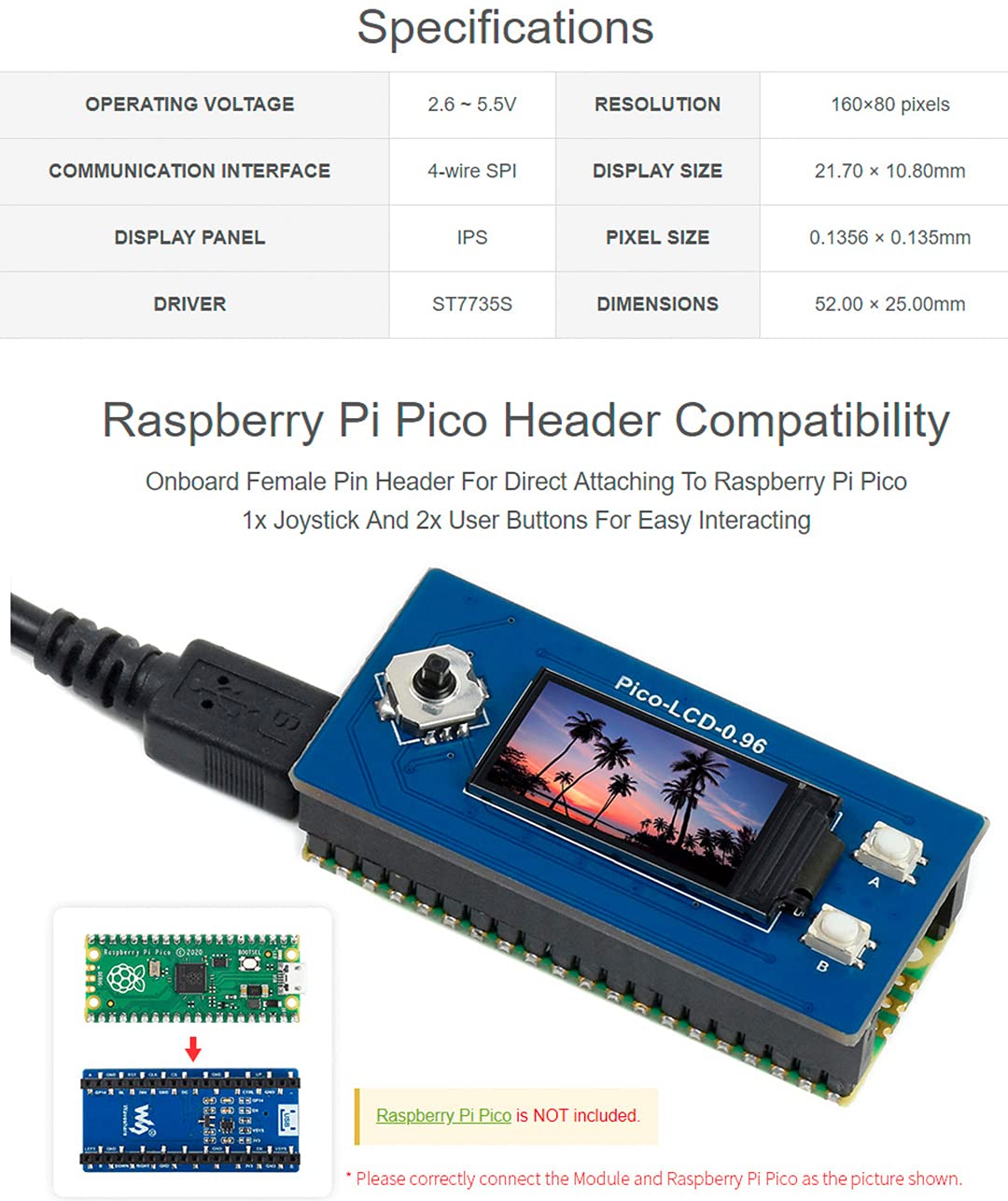 waveshare 0.96inch LCD Display Module for Raspberry Pi Pico, 160×80 Resolution IPS Screen 65K RGB Display Color SPI Interface, with 1x Joystick and 2X User Buttons for Easy Interacting