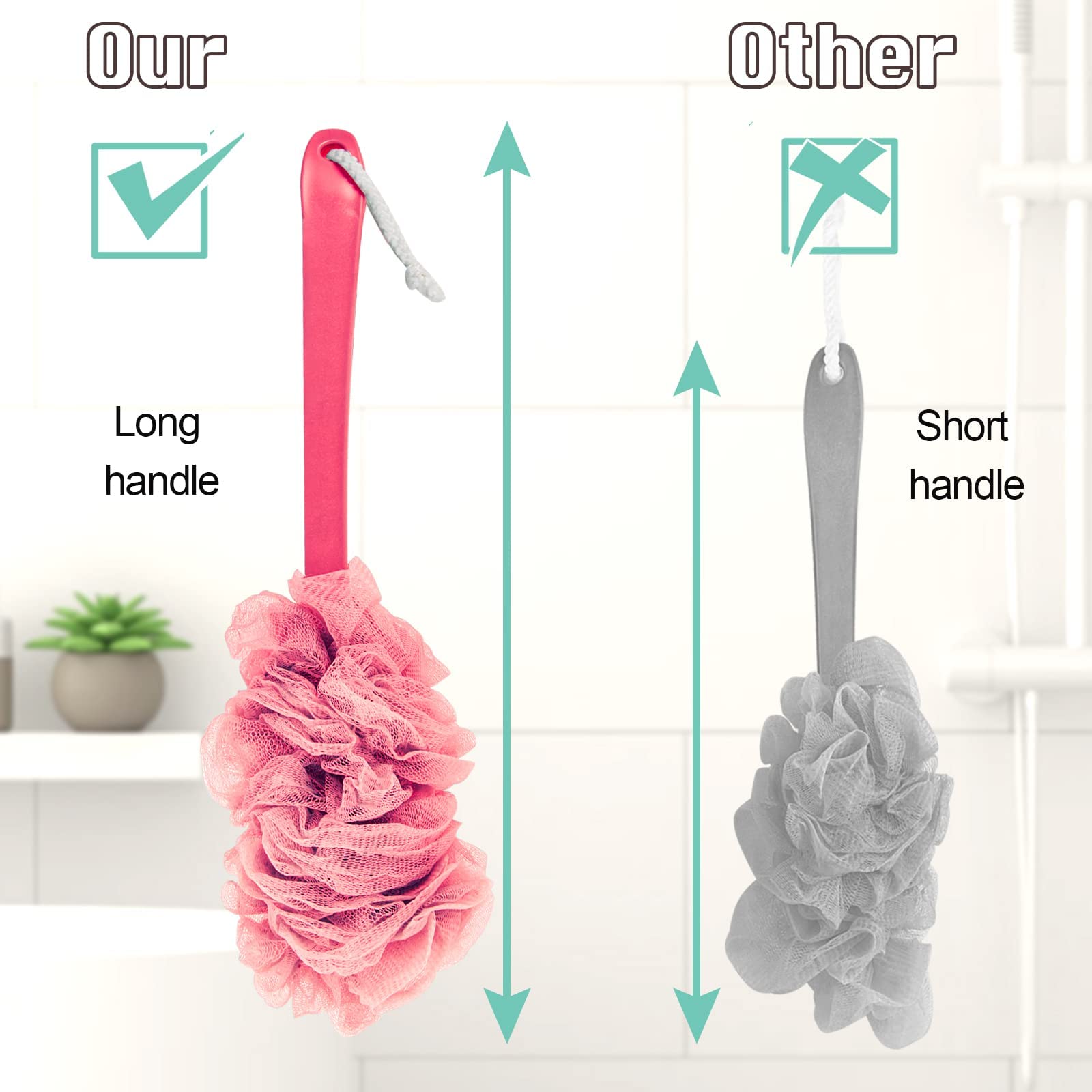 Back Scrubber for Shower, Qewro Loofah on a Stick as Shower Brush Exfoliating Body with Long Handle, Loofah Sponge Mens Loofah Bathing Accessories for Women (2Pack Blue) (4Pack Blue and Pink)