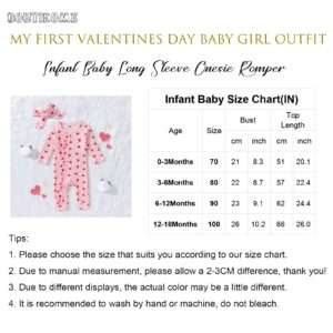 BOUTIKOME Infant Baby Girl Valentines Day Outfit Love Heart Print Footie Romper Ruffle One Piece Onesie Newborn Headband(Beige-10,12-18M)