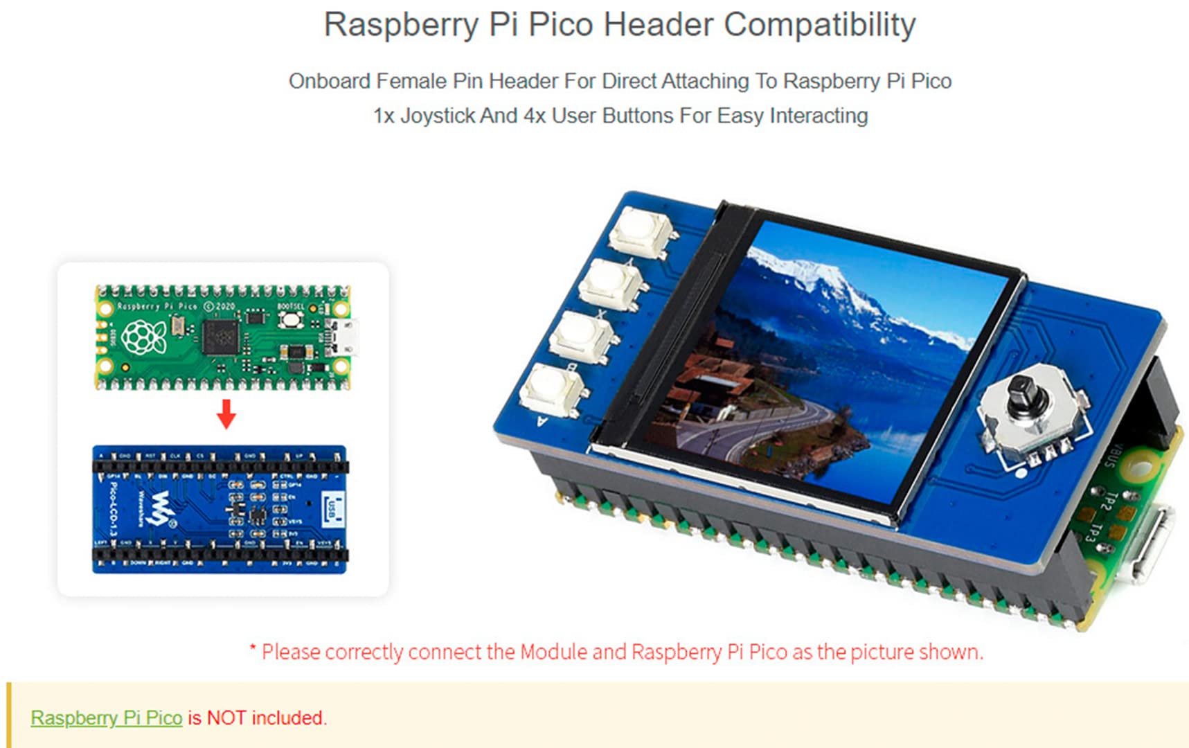 waveshare 1.3inch LCD Display Module for Raspberry Pi Pico, 240×240 Resolution IPS Screen Display 65K RGB Display Color, SPI Interface with 1x Joystick and 4X User Buttons for Easy Interacting