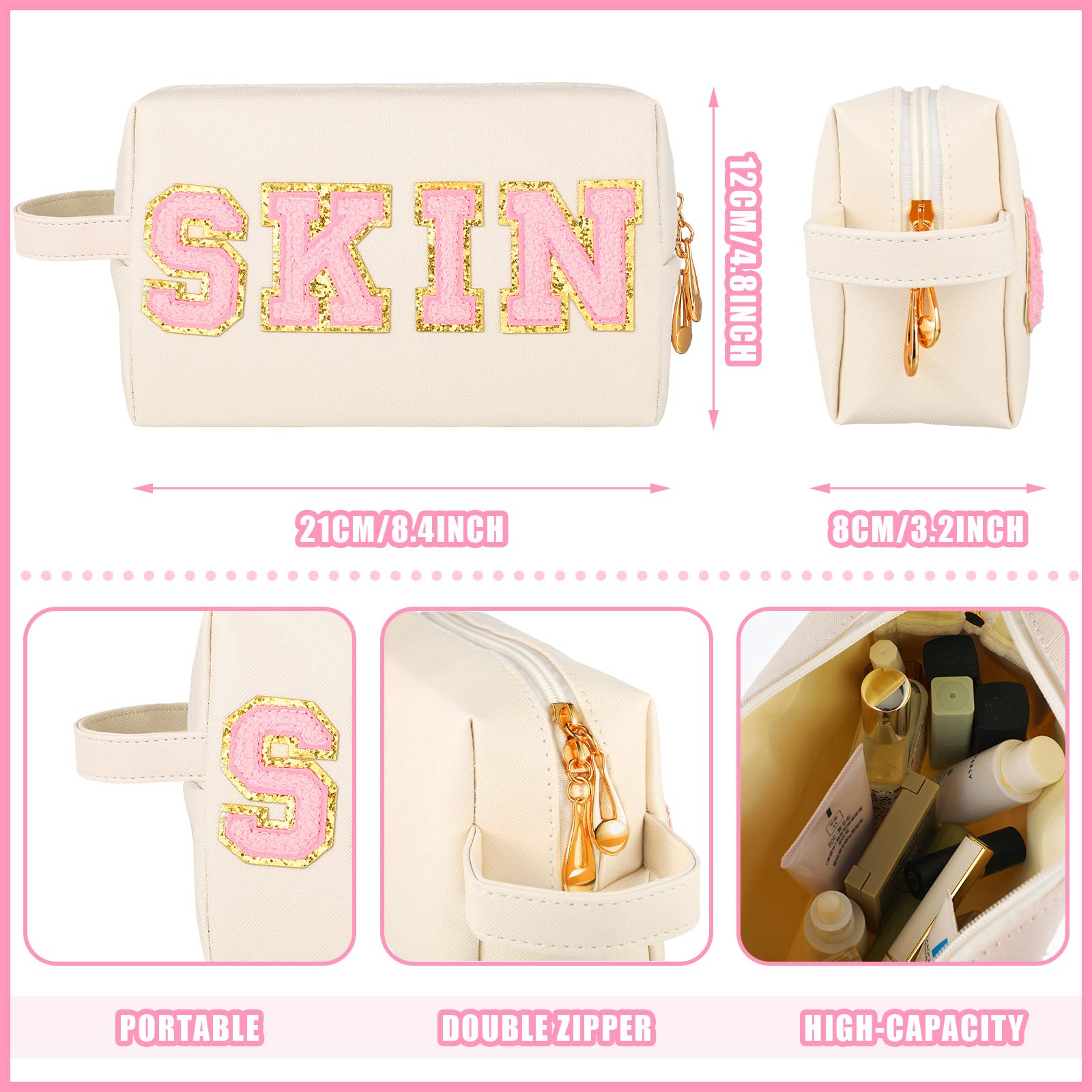 Sotiff 3 Pcs Preppy Patch Makeup Bag Hair Face Skin Cosmetic Bag Travel Toiletry Bag for Women Chenille Letters Patch Bag with Handle Waterproof Portable Preppy Purse Zipper Pouch for Girls