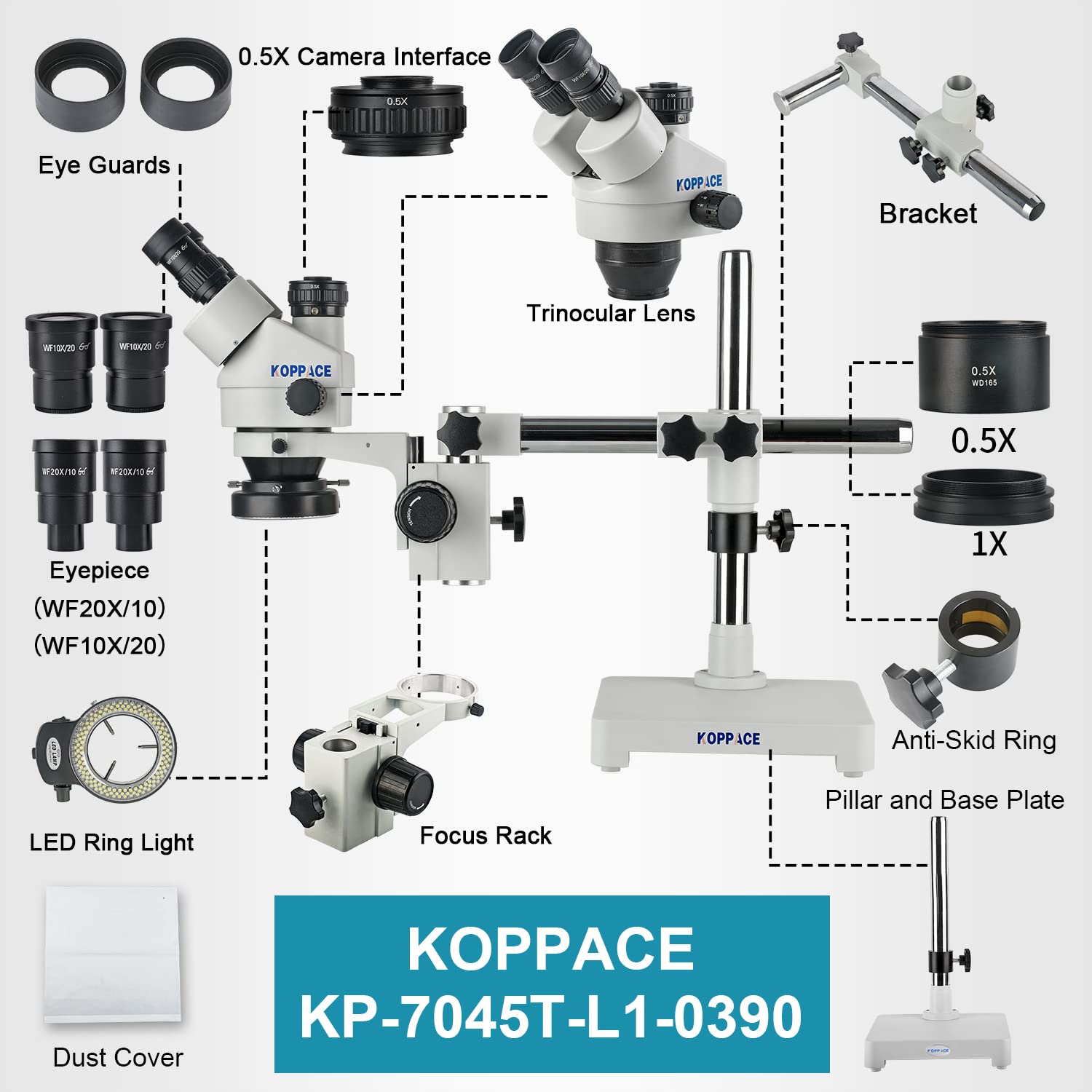 KOPPACE 3.5X-90X Trinocular Stereo Microscope Single arm Bracket Mobile Phone Repair Microscope.