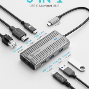 PHIXERO USB C Hub Multiport Adapter, 4K@60Hz USB C Docking Station, 8-in-1 USB C Adapter with 1Gbps Ethernet, 100W PD, SD/TF Reader, 3 USB 3.0 5Gbps Ports, for MacBook Pro/Air, USB C Laptop (Gray)