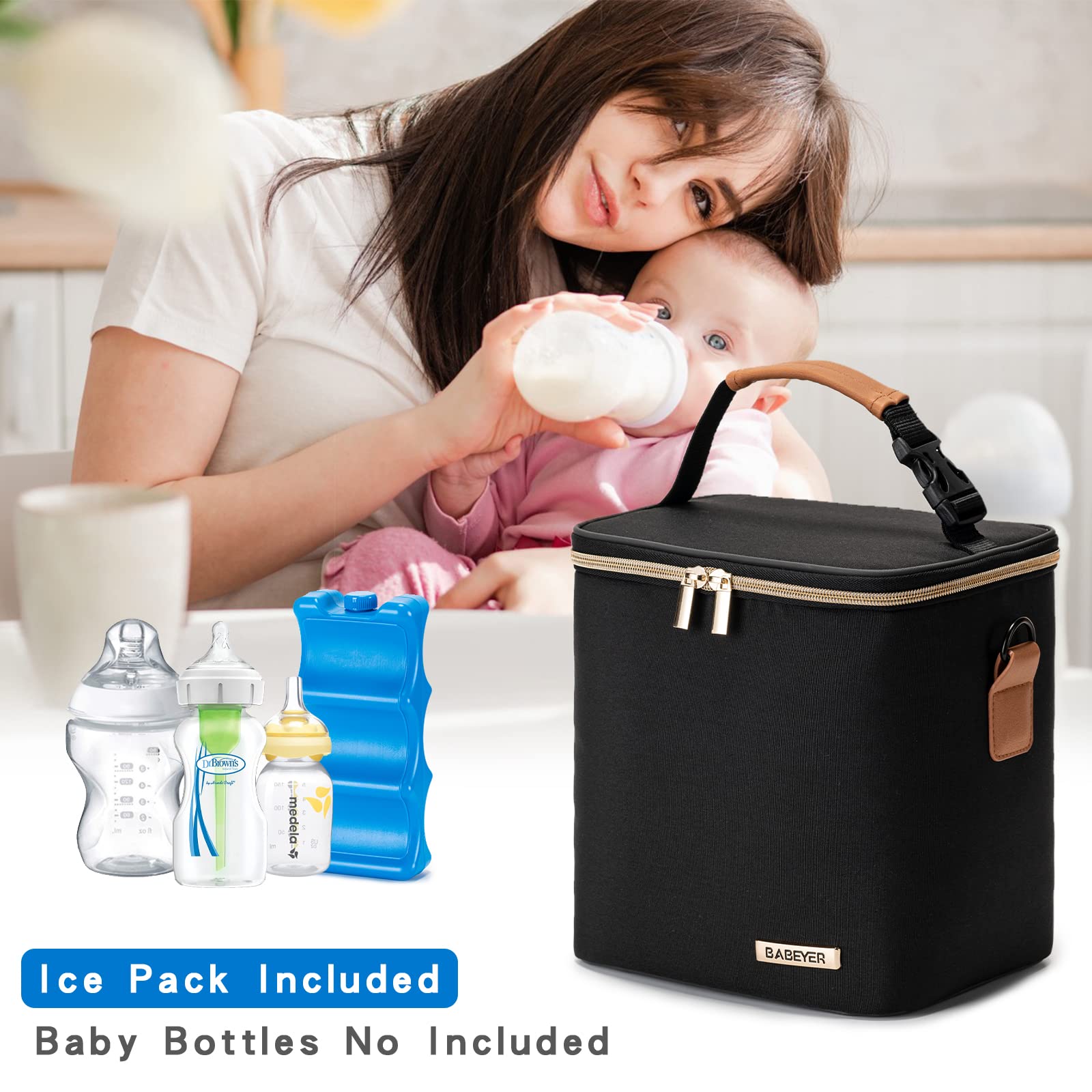 BABEYER Breastmilk Cooler Bag with Ice Pack Fits 6 Baby Bottles Up to 9 Ounce, Baby Bottle Bag with Shoulder Strap for Nursing Mom Daycare, Black