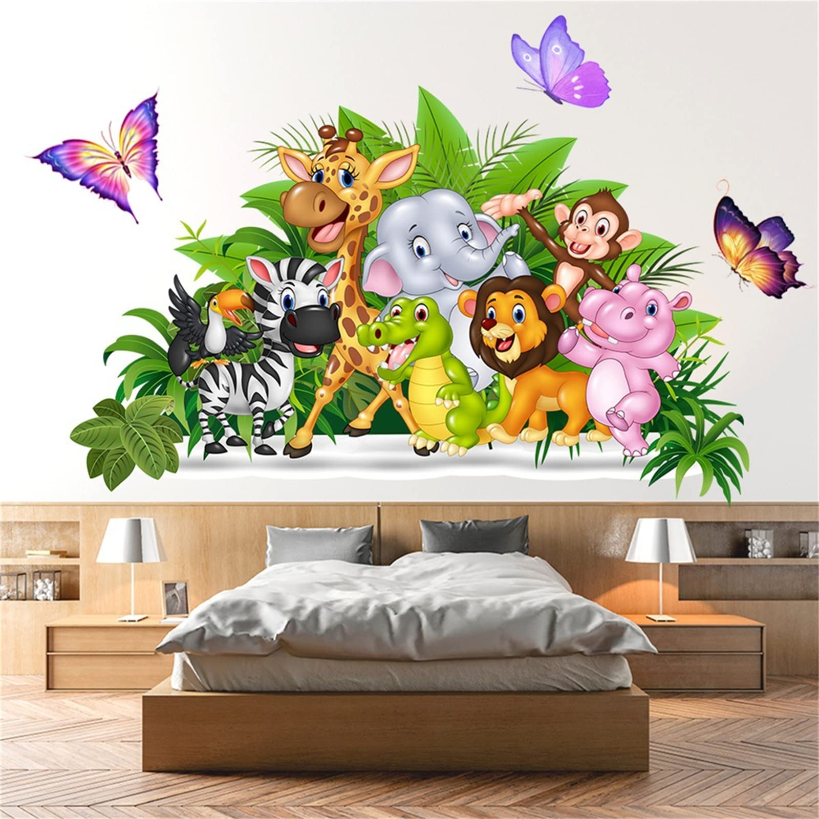 Colorful Animal Wall Sticker Green Leaf Butterfly Cartoon Animal Sticker African Jungle Elephant Giraffe Monkey Lion Lifelike 3D Picture Children's Bedroom Wallpaper Decoration Nursery Classroom Living Room (Green1)