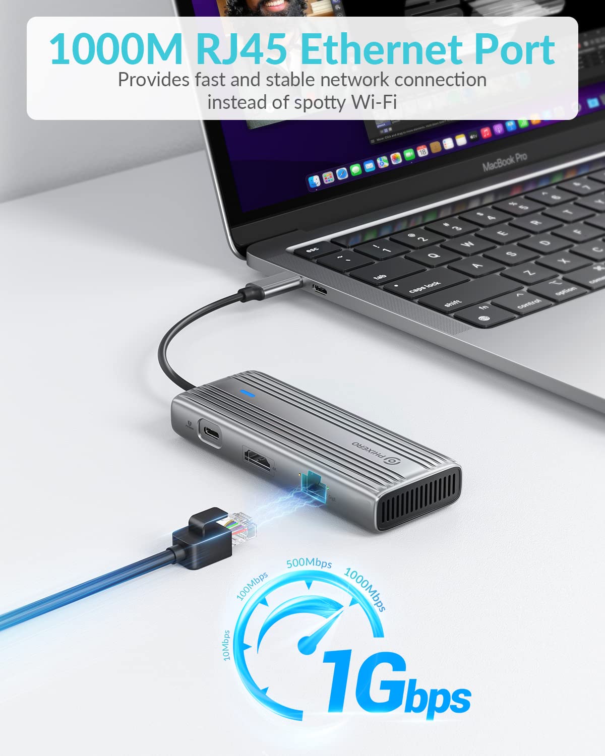 PHIXERO USB C Hub Multiport Adapter, 4K@60Hz USB C Docking Station, 8-in-1 USB C Adapter with 1Gbps Ethernet, 100W PD, SD/TF Reader, 3 USB 3.0 5Gbps Ports, for MacBook Pro/Air, USB C Laptop (Gray)