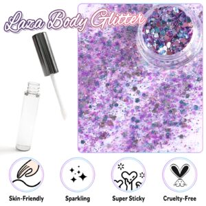 Laza Body Glitter, 2 Jars Iridescent Chunky Sequins with Glitter Glue Perfect for Women Eyeshadow Makeup Face Paint Festival Rave Outfits Hair Accessories Carnival Party Costumes - Colorful Purple