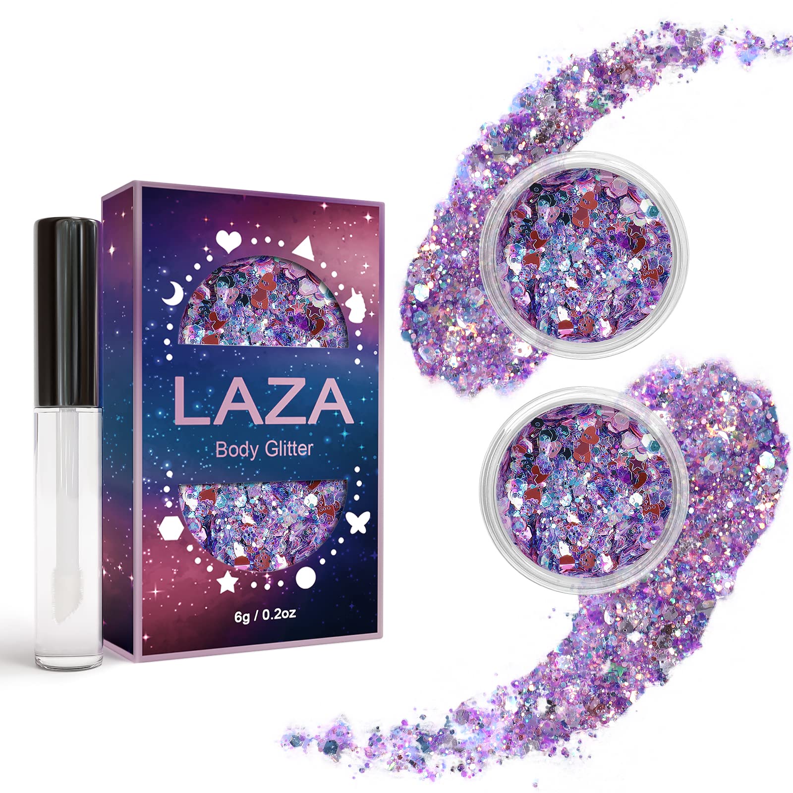 Laza Body Glitter, 2 Jars Iridescent Chunky Sequins with Glitter Glue Perfect for Women Eyeshadow Makeup Face Paint Festival Rave Outfits Hair Accessories Carnival Party Costumes - Colorful Purple