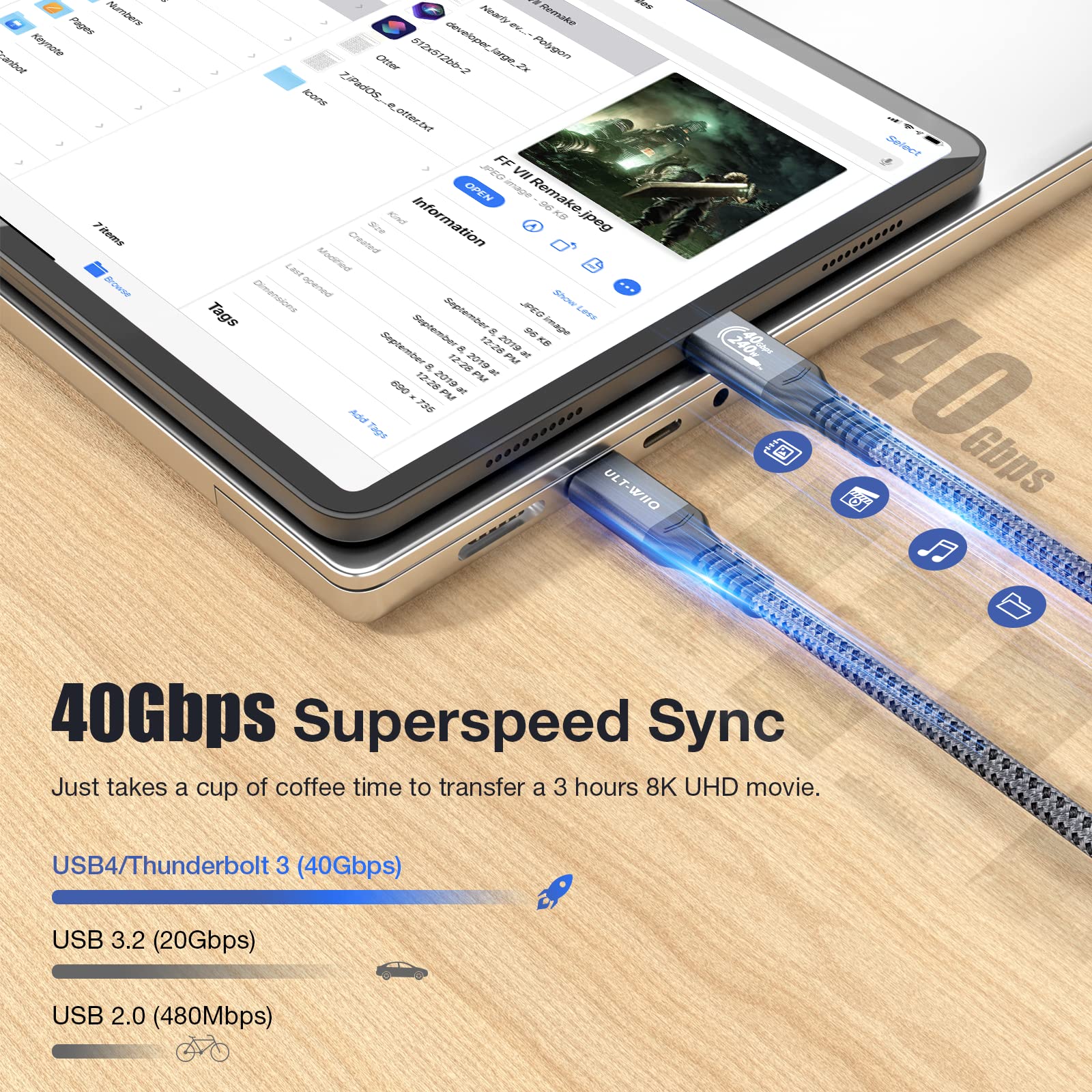 ULT-WIIQ USB4 Cable for Thunderbolt 4 Cable 40Gbps High Speed Data Transfer 240W PD 3.1 USB C to USB C Cable Fast Charging 8K/6K@60Hz USB 4 Cable for iPhone 15 Pro MacBook eGPU Docking GaN SSD 6.6FT