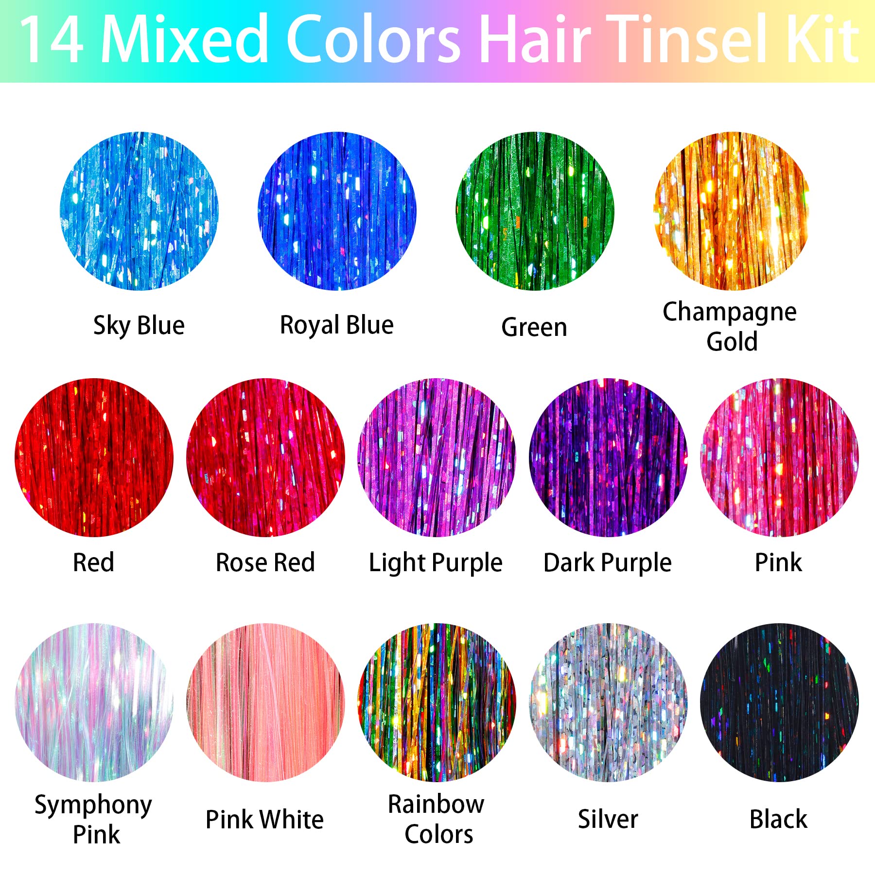 HAUTOCO Hair Tinsel Kit, 2800 Strands 47 Inch Glitter Tinsel Hair Extensions with Tools Fairy Hair Tinsel Kit, Heat Resistant Sparkling Hair Tinsel for Cosplay Christmas New Year Party(14 Colors)