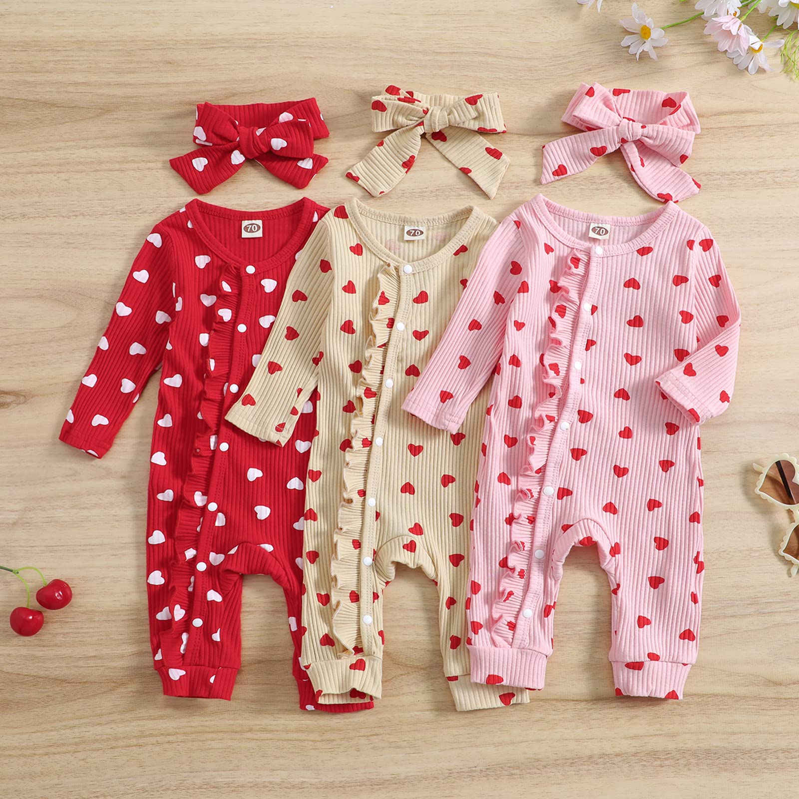 BOUTIKOME Infant Baby Girl Valentines Day Outfit Love Heart Print Footie Romper Ruffle One Piece Onesie Newborn Headband(Beige-10,12-18M)