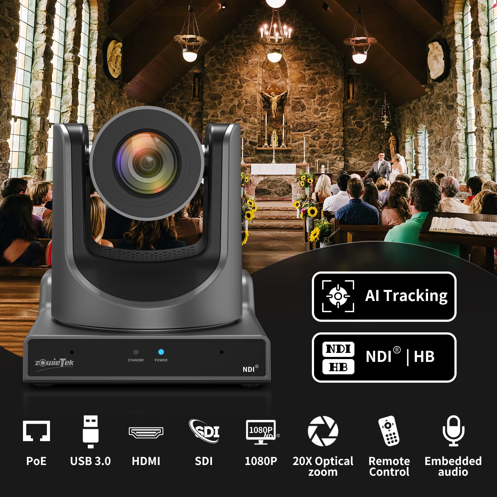 zowietek New PTZ Camera PoE NDI AI Tracking 20X SDI HDMI USB IP Live Streaming + Network Controller 4D joystick PoE 5 Inch LCD Screen Decoding H.264 and H.265 Compatible with Dome Security IP Camera