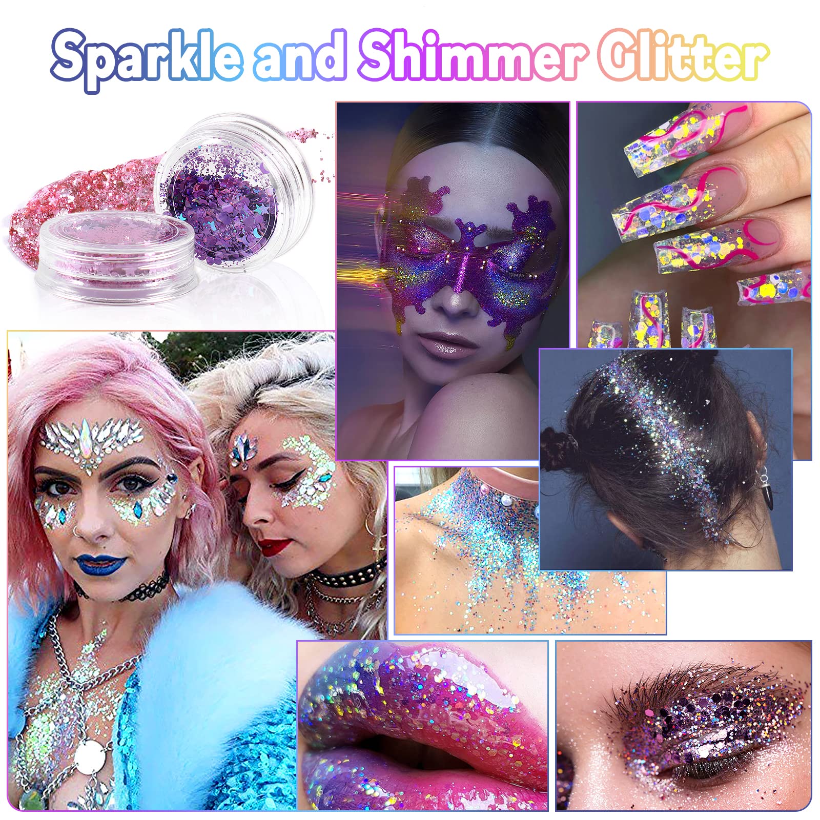 Laza Body Glitter, 2 Jars Iridescent Chunky Sequins with Glitter Glue Perfect for Women Eyeshadow Makeup Face Paint Festival Rave Outfits Hair Accessories Carnival Party Costumes - Colorful Purple