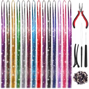 hautoco hair tinsel kit, 2800 strands 47 inch glitter tinsel hair extensions with tools fairy hair tinsel kit, heat resistant sparkling hair tinsel for cosplay christmas new year party(14 colors)