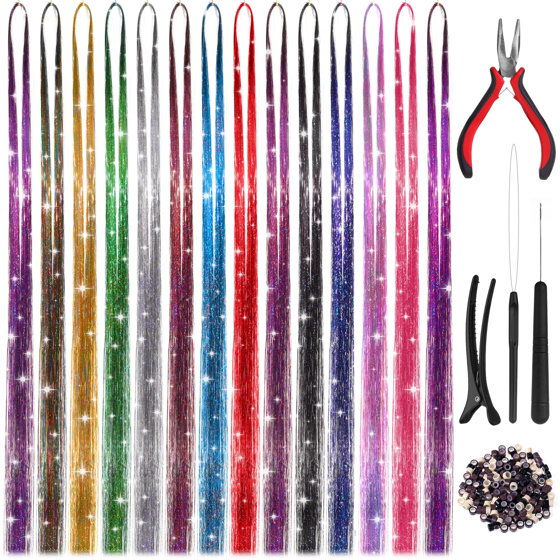 HAUTOCO Hair Tinsel Kit, 2800 Strands 47 Inch Glitter Tinsel Hair Extensions with Tools Fairy Hair Tinsel Kit, Heat Resistant Sparkling Hair Tinsel for Cosplay Christmas New Year Party(14 Colors)