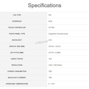 XYGStudy 10.1inch Capacitive Touch IPS Panel Display LCD (F) 1024 × 600 Resolution Toughened Glass