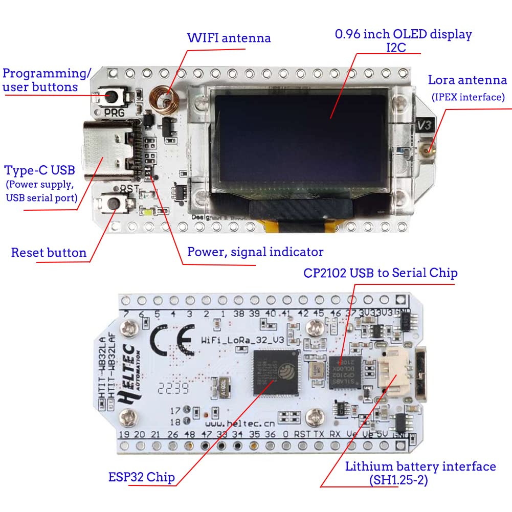 DIYmall 915MHz ESP32 LoRa V3 Development Board SX1262 0.96 Inch OLED Display WiFi+BLE Lora Kit with LoRa Antenna for Arduino IOT Smart Home (2Sets)