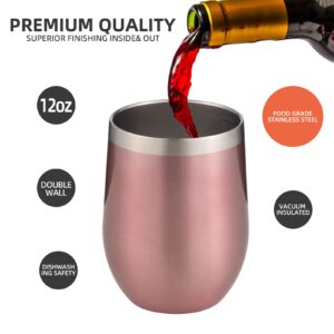 FristChoice 12 oz Insulated Wine Tumbler with Lid and Straw,Stainless Steel Stemless Wine Tumbler Glasses Double Wall Vacuum Wine Cups Tumbler for Coffee,Champaign,Cocktail (Rose Gold,1)