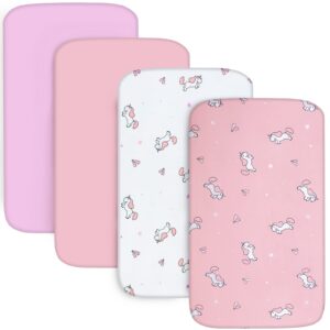 Bassinet Sheet 4 Pack for Baby Girls, Bassinet Sheets Universal Fit for Rectangle, Oval, Hourglass Bassinet Pad/Mattress, Stretchy Bassinet Sheets, Pink Print