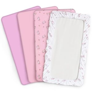 Bassinet Sheet 4 Pack for Baby Girls, Bassinet Sheets Universal Fit for Rectangle, Oval, Hourglass Bassinet Pad/Mattress, Stretchy Bassinet Sheets, Pink Print