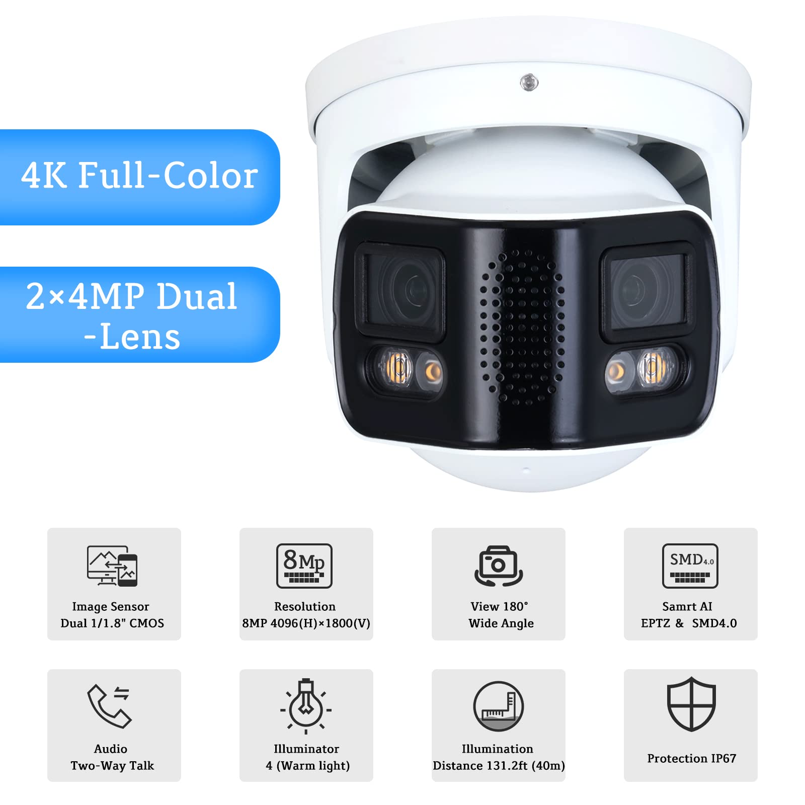 EmpireTech Security Camera Outdoor 4K Full-Color 2×4MP Dual-Lens 1/1.8" CMOS Smart Splicing IP POE Camera Outputs 180° Wide Angle, Two-Way Talk IPC-Color4K-T180 (White)