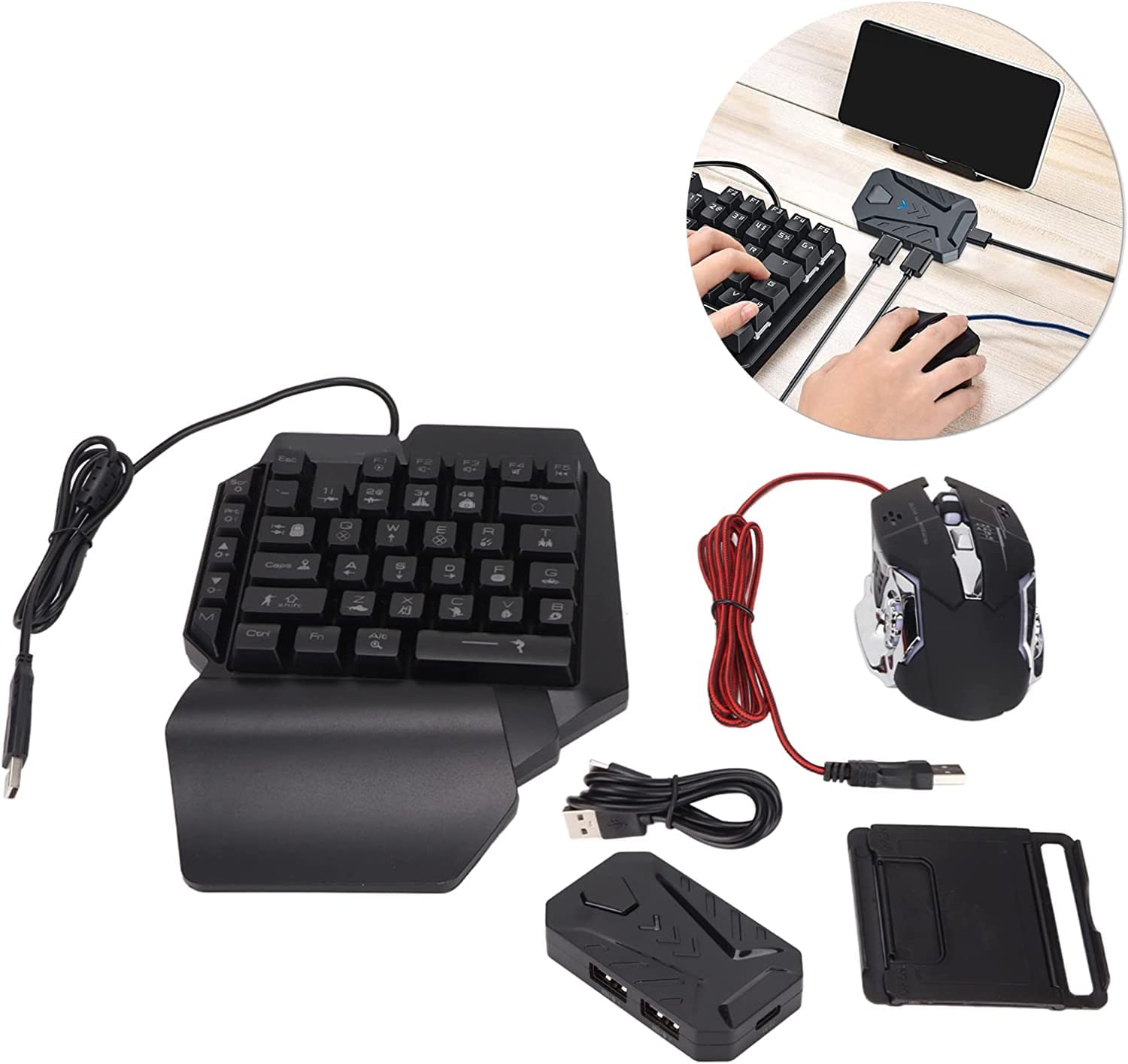 Mix Pro Keyboard and Mouse Adapter, One Handed Keyboard Mouse Combo Set Converter USB Wired Mobile Gaming Keyboard Mouse Adapter Converter for Android, iOS(BT 4.0)