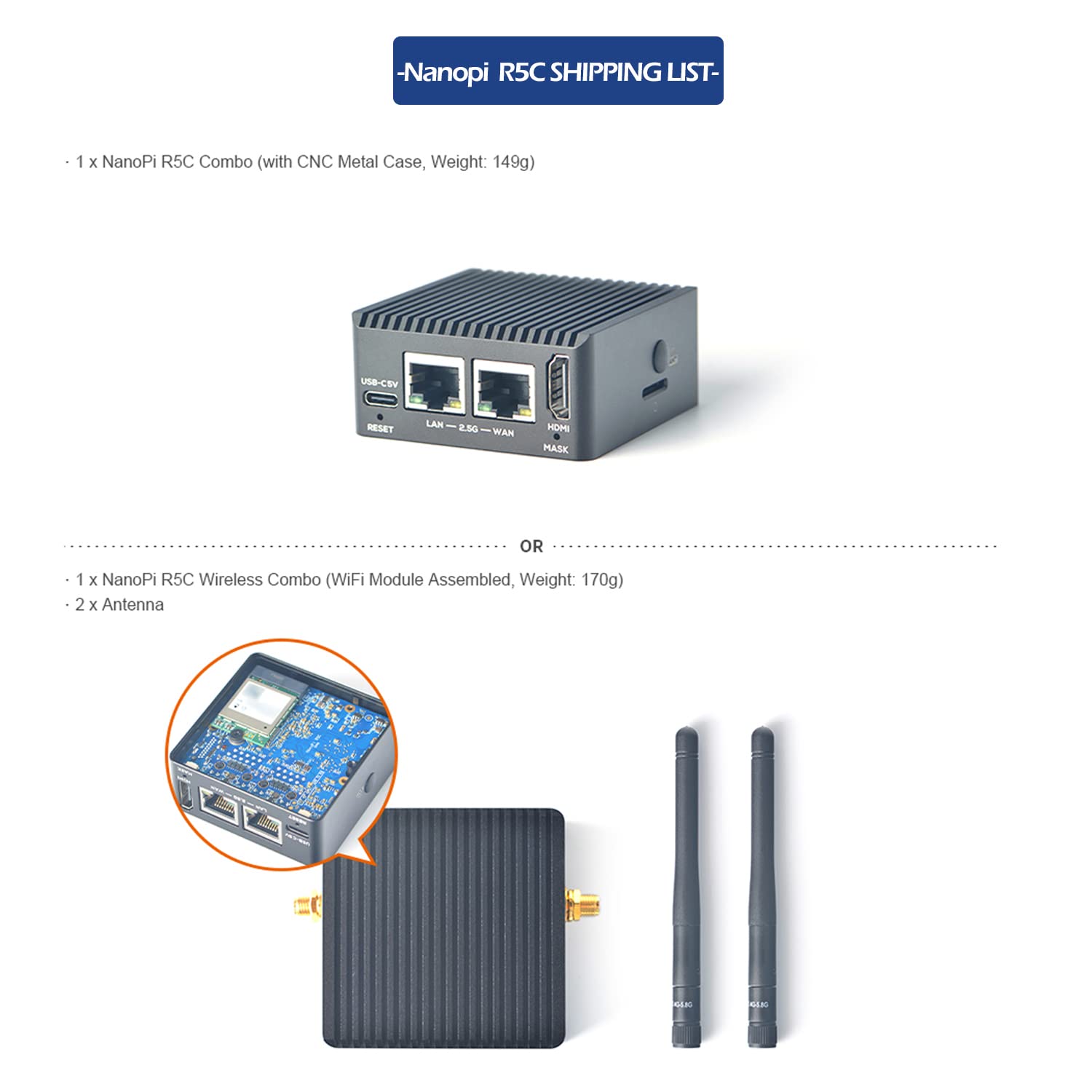 Nanopi R5C Mini WiFi Router OpenWRT with Dual PCIe 2.5Gbps Ethernet M.2 WiFi Bluetooth Ports 4GB LPDDR4X RAM Based in Rockchip RK3568B2 Soc for IOT NAS Smart Home Gateway (with M.2 WiFi Module)