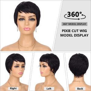 Guree Hair Glueless Wear and Go Wig Pixie Cut Human Hair Wigs for Black Women None Lace Front Wig Short Pixie Cut Layered Wigs with Bangs for Daily Wear (Black)