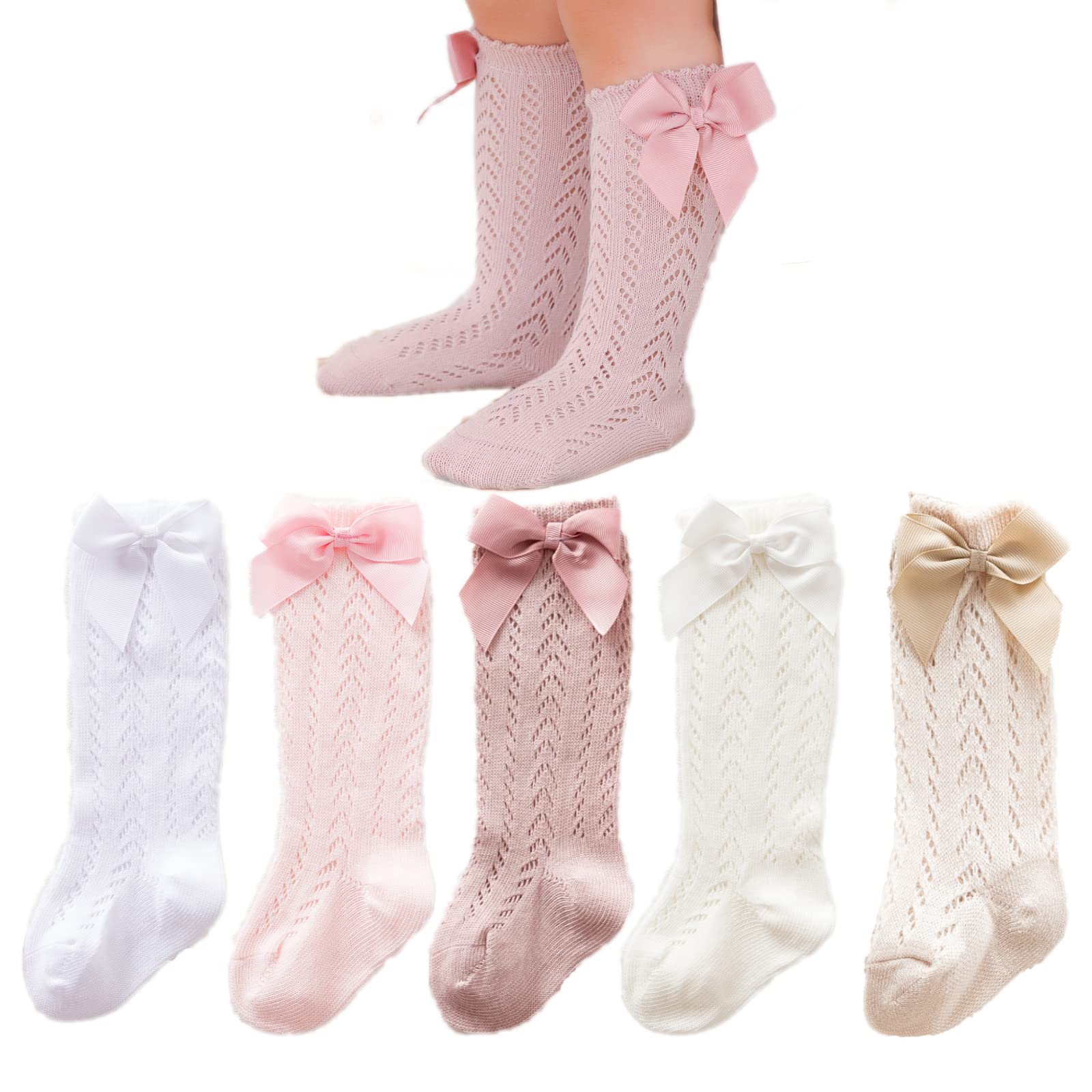 Taous Assam Baby Girls Knee High Socks Toddler Bow Mesh Long Stockings Infants Thin Socks For Spring Summer 5-Pack Mesh Size 0-12 Months