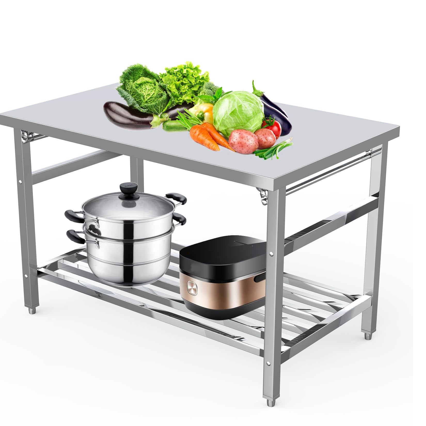 Stainless Steel Prep Table 48 x 24 Inch, NSF Commercial Heavy Duty Stainless Steel Folding Work Table with Undershelf, Stainless Steel Kitchen Island, Laundry Folding Table, Outdoor Cooking Table