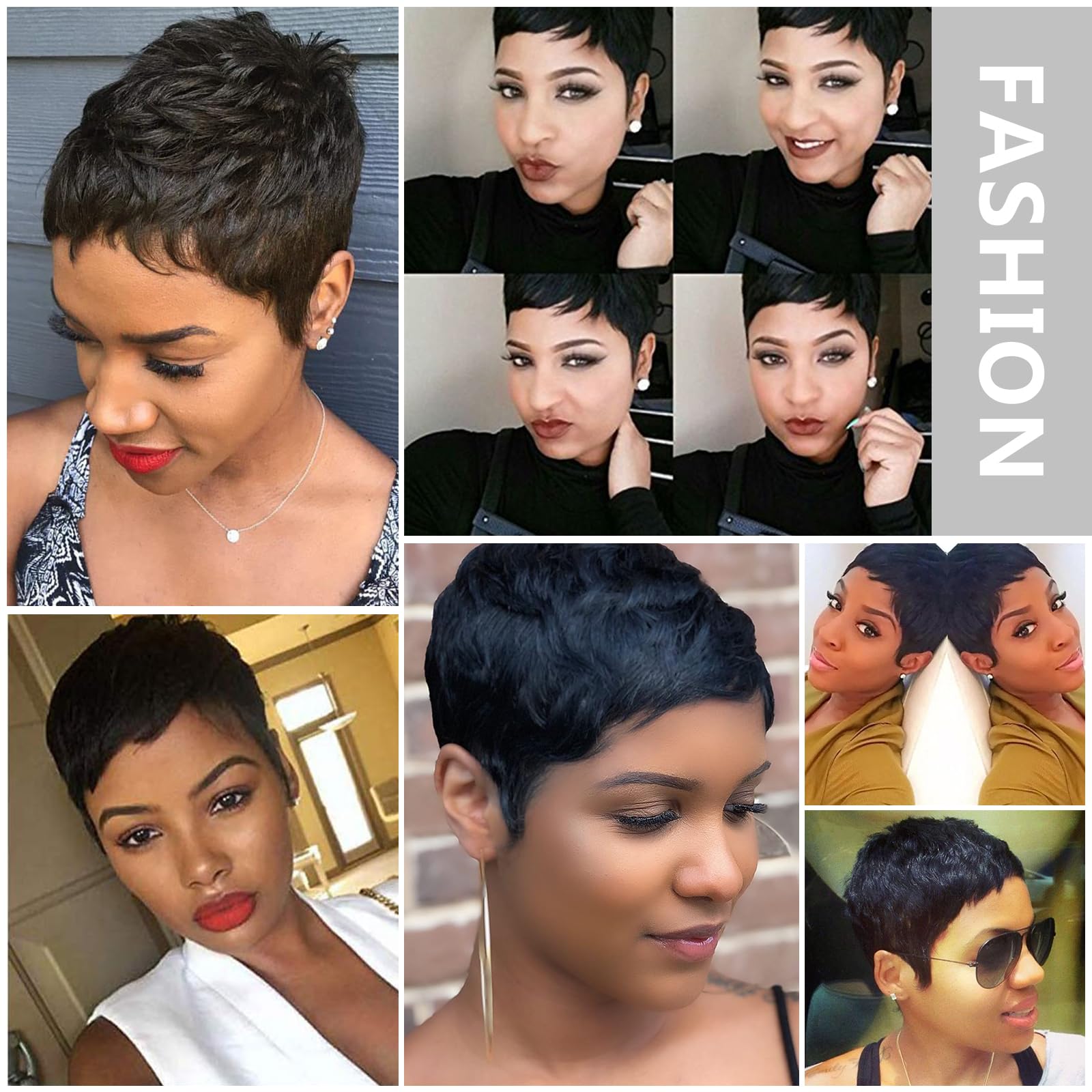 Guree Hair Glueless Wear and Go Wig Pixie Cut Human Hair Wigs for Black Women None Lace Front Wig Short Pixie Cut Layered Wigs with Bangs for Daily Wear (Black)