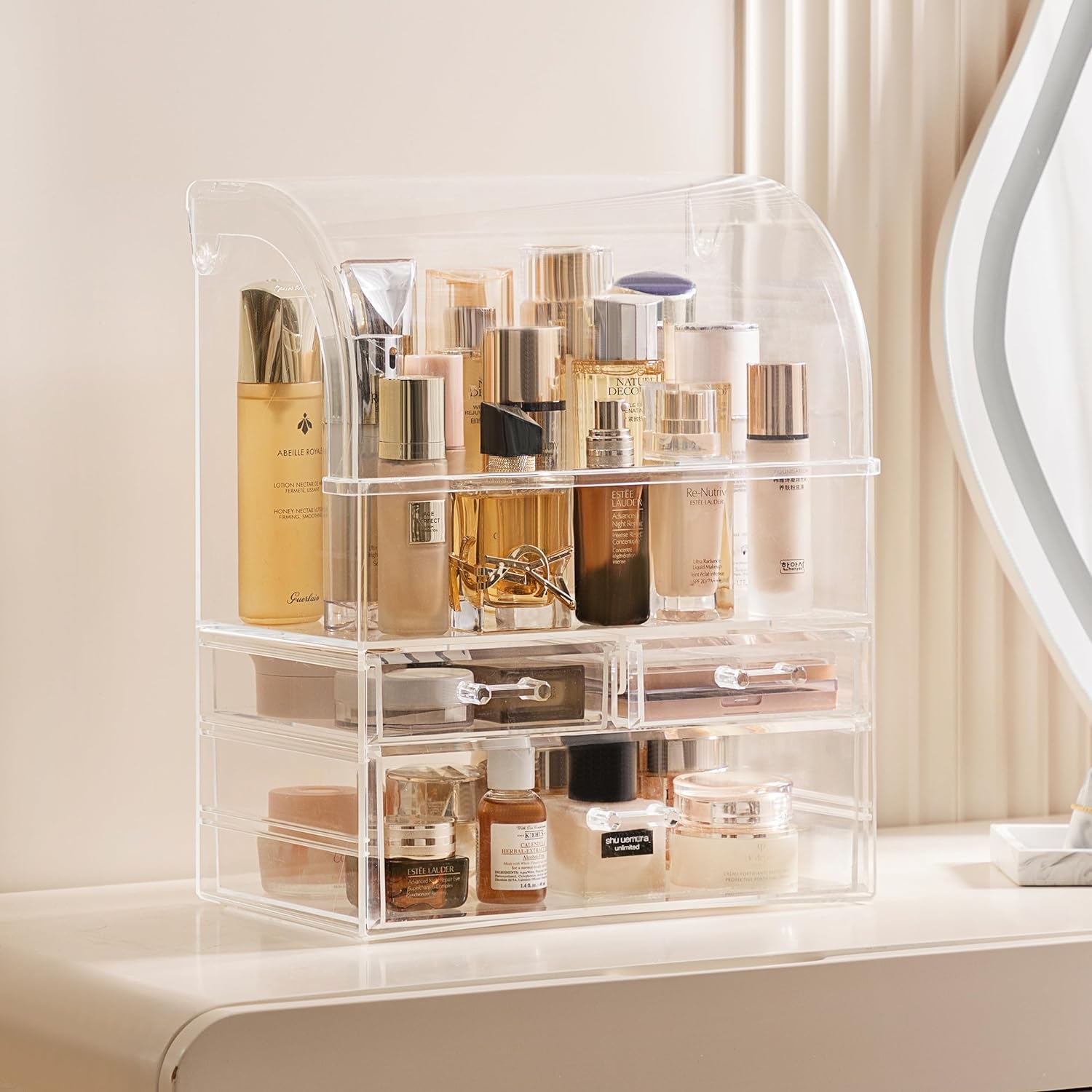 HBlife Large Clear Acrylic Cosmetic Makeup Organizer with Lid, High Capacity Cosmetics Storage Display Case with Drawers, Dustproof Waterproof Make Up Storage Box for Vanity Bathroom, XL