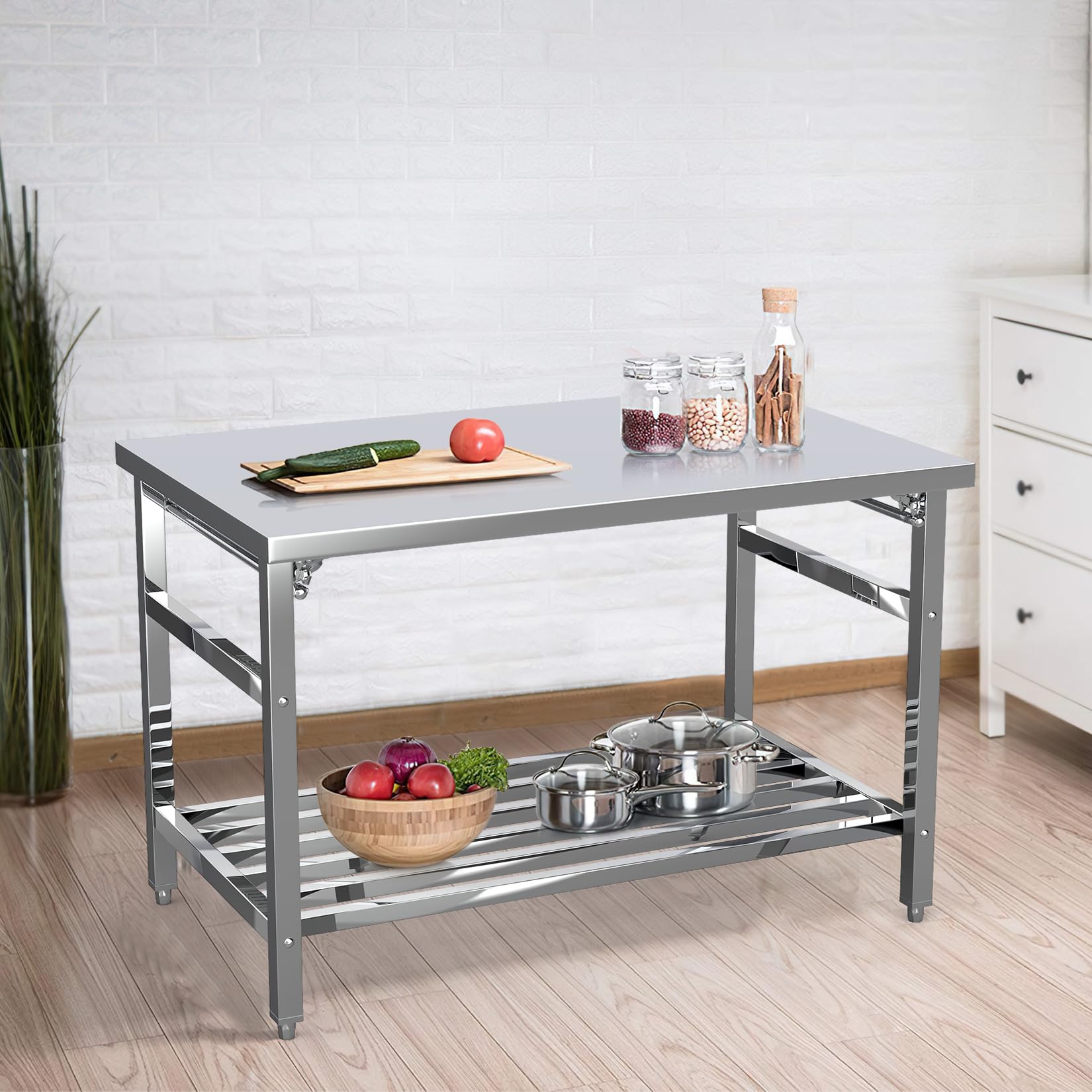 Stainless Steel Prep Table 48 x 24 Inch, NSF Commercial Heavy Duty Stainless Steel Folding Work Table with Undershelf, Stainless Steel Kitchen Island, Laundry Folding Table, Outdoor Cooking Table